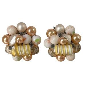 1960s Japan Peach & White Plastic Beaded Cluster Mid Century Clip On Earrings